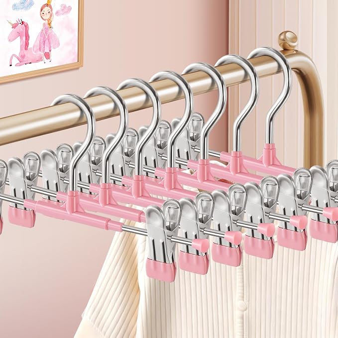 HUADYMEET 10 Inch Kids Pants Skirt Hangers with Clips,Toddlers,Pink,30 Pack | Space Saving,Adjustable,Non Slip,Metal Hanger for Closet Organization Jeans Shorts,For Baby,Toddler,Children by HUADYMEET