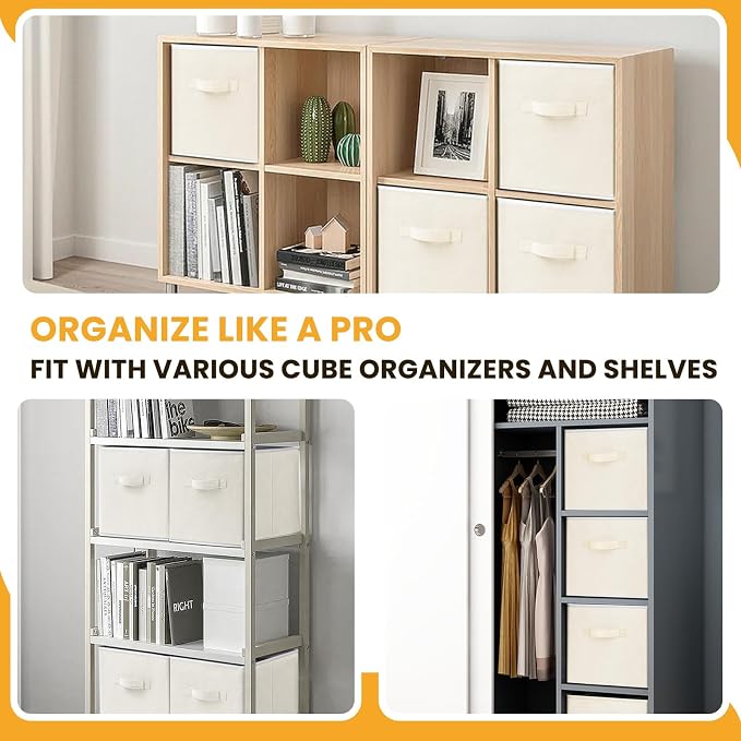 Large Storage Cubes, 13 Inch Cube Storage Bins for Shelves Closet Nursery Bedroom - 10 Pack Collapsible Storage Baskets with Handles - Fabric Bins for Organizing Magazines Clothes Toys (Beige) - Image 4