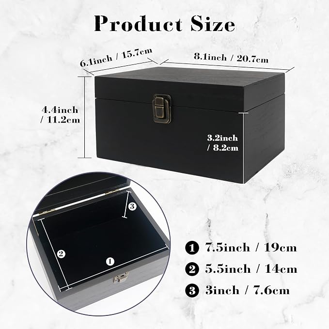 Wooden Keepsake Storage Box with Hinged Lid for Wedding Treasure Decorative | 8x6x4.4 Inches can Hold 5x7 Photos Baby Keepsakes, Stash Case with Black Velvet Base, Small Memory Case Black - Image 4