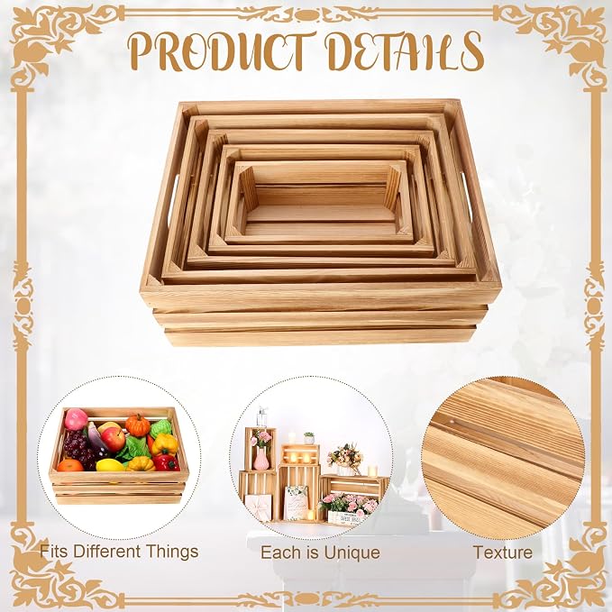Soaoo 5 Pcs Decorative Nesting Wooden Crates for Storage Display 5 Size Large Small Rustic Wood Decorative Storage Crates with Handle Farmhouse Crate Box Container Made from Pine(Classic Color) - Image 4