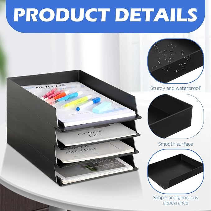 8 Pcs Stackable Paper Trays Rectangular Plastic Desk Holder Desktop Document File Organizer Storage Letter for Office Classroom (Black) - Image 3