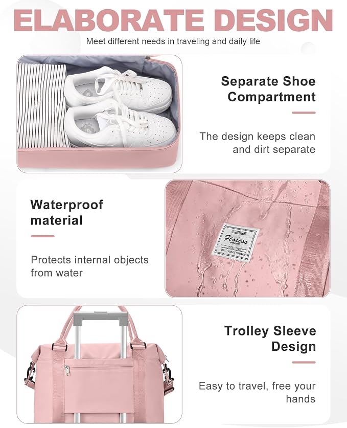 Travel Duffel Weekender Bag Women Tote Carry On Bags With Shoe Compartment | 18x14x8 inches Travel Overnight Bags with Trolley Sleeve for Airplanes Sport Tote Gym for Men Lightweight Daypack Pink - Image 5