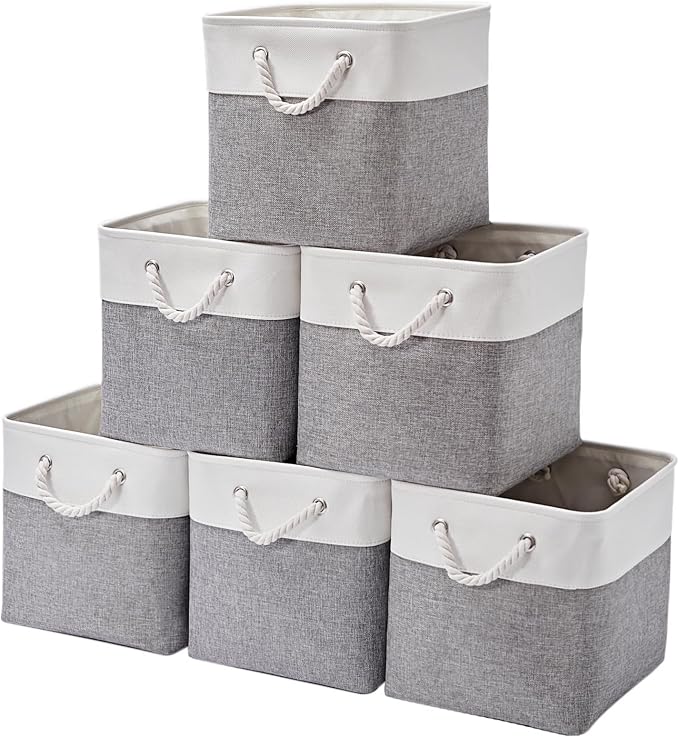 MidmmVick 12 x 12 Inch Cube Storage Bins, 6 Pack Large Collapsible Fabric Storage Bin with Ropes, Foldable Storage Cubes for Home, Office,Closet, Clothes, Toys Organizer (White & Grey) by Midmmvick