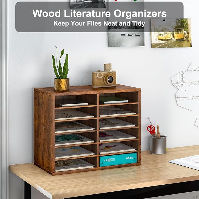 Countertop Mail Sorter Organizer, Wooden Literature Organizer, Student Mailbox for Classroom, Desktop Bill Organizer for Office Home School, 12 Compartments, Antique Brown - Image 3