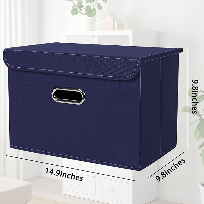 STOREONE Fabric Storage Cube Bins Foldable Organizer Container Collapsible Basket with Lids and Metal Handles, for Home, Bedroom, Closet 6 Pcs (Navy Blue) - Image 2