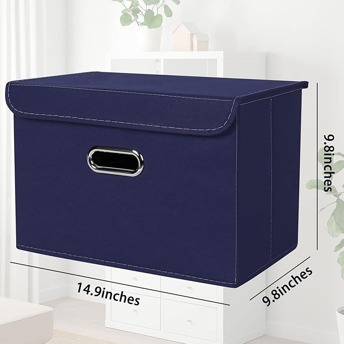 STOREONE Fabric Storage Cube Bins Foldable Organizer Container Collapsible Basket with Lids and Metal Handles, for Home, Bedroom, Closet 3 Pcs (Navy Blue) - Image 2