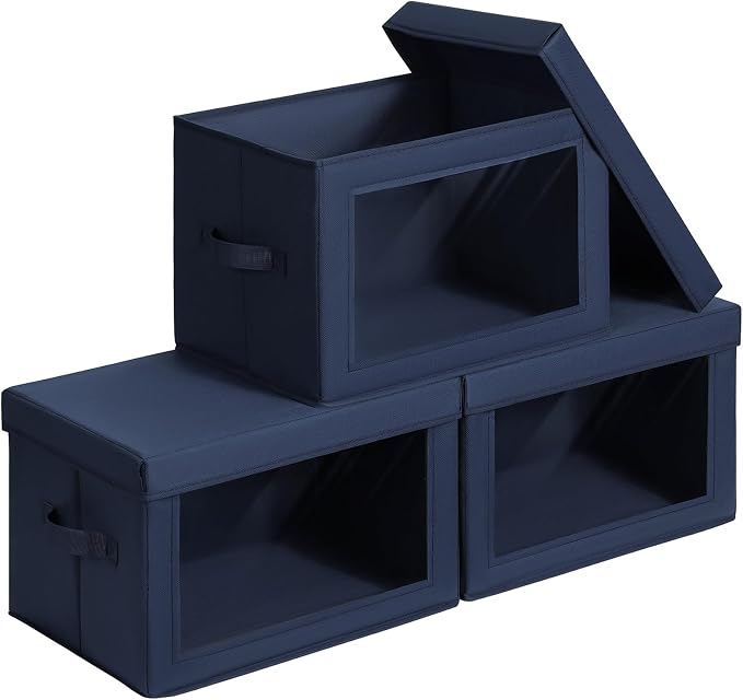 Stackable Storage Bins with Lids - Large Storage Box with Lids, Foldable Closet Boxes for Organizing, Wardrobe Clothes Organizer with Window, Cubes Bins for Living Room, 3 Pack, Navy Blue by Homsorout