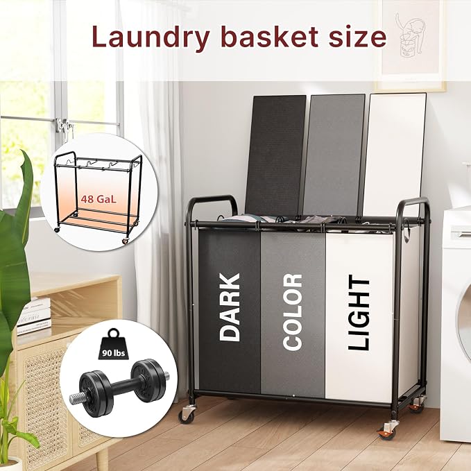 180L Laundry Sorter 3 Section with Lockable Wheels and Lid Multicolor | 3 Large Separate Removable Bags | Heavy Duty Rolling Laundry Basket | Laundry Hamper Cart for Laundry Room Organizer - Image 2