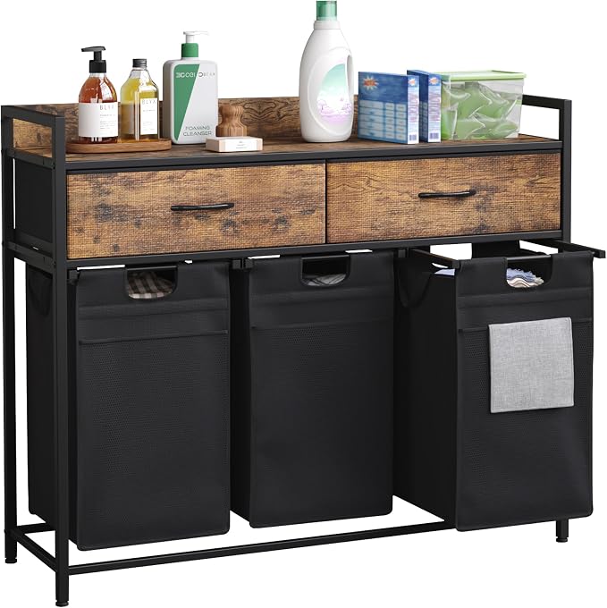 Mondeer 150L Laundry Sorter 3 Section with 3 Bags 4 Wheels 2 Drawers | 50L x 3 Pull-Out Laundry Hamper Baskets Removable for Laundry Room Bathroom, Rustic Brown and Black - Image 9