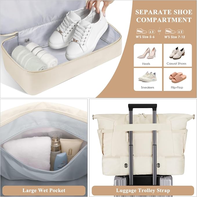 Gym Bag for Women, 45L Carry On Travel Duffel Bag with Shoes Compartment | Weekender Overnight Duffel Bag with Wet Pocket, Hospital Bag for Women Labor Delivery, Carry On Bag for Travel, Gym, Weekend - Image 4