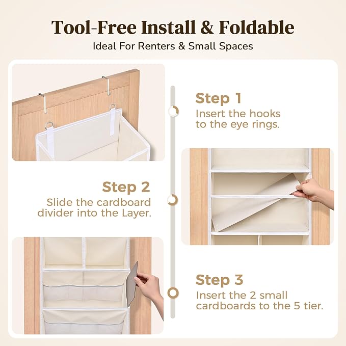 6-in-1 Over Door Hanging Organizer with 12 Mesh Pockets, 44 lbs Capacity, Warm Beige – Versatile Behind Door Storage for Baby Nursery, Newborn Essentials, Bedroom, Bathroom & Dorm - Image 8