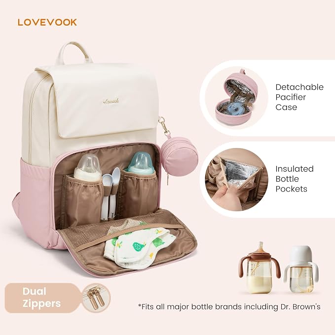 LOVEVOOK Diaper Bag Backpack, Baby Travel Bags for Boys & Girl, Toddler Waterproof Diaper Bag w/Changing Pad (Pink, 15.6''-Small) - Image 3