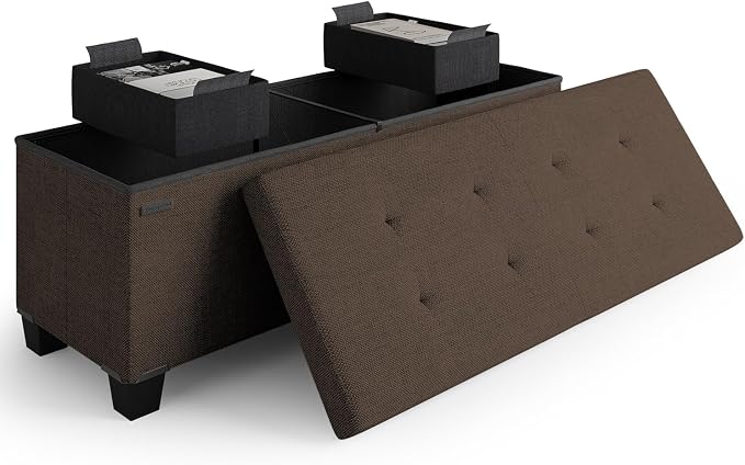 Storage Ottoman Bench with Bins, 43-in Storage Bench for Bedroom End of Bed, Folding Foot Rest Ottoman for Living Room Max 660lbs, Fabric Ottomans, Brown by STORAGEBUD