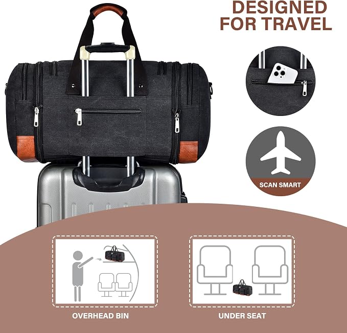Canvas Duffle Bag For Travel, 50L Expandable Carry on Overnight Travel Duffel Bags with Laptop Compartments Weekend Gym Bag for Men(Black) - Image 3