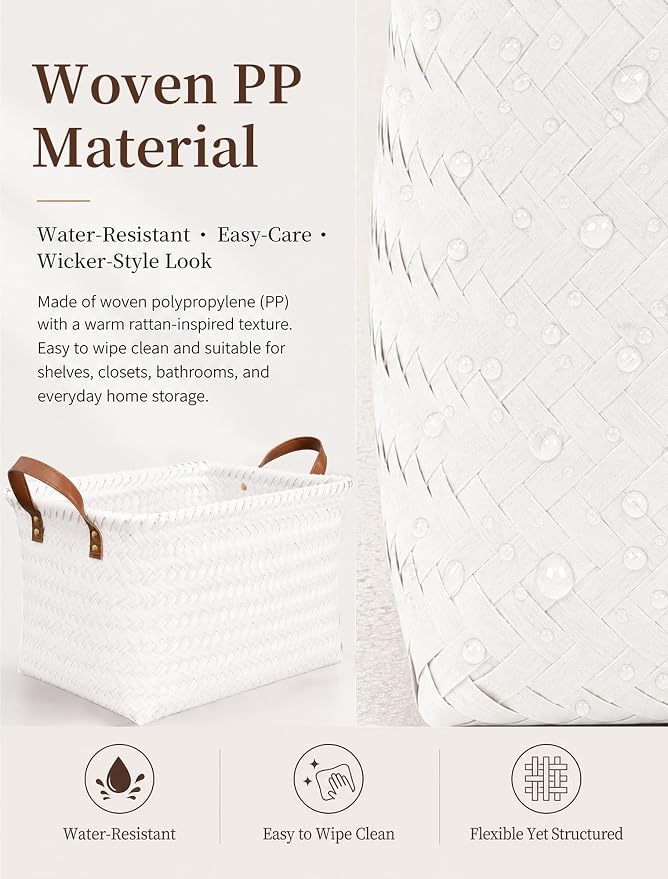 Wicker Storage Baskets, 4 Pack Woven Baskets for Shelves, White | PP Rattan, Water-resistant Wicker Basket, Large Baskets with Faux Leather Handles for Blanket, Laundry Organizer, Room Decor - Image 3
