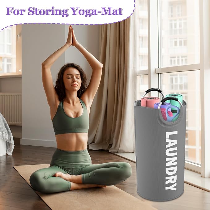 95L Collapsible Laundry Basket, Clothes Hamper with Handle, Dark Grey | IHOMAGIC Freestanding Dirty Clothes Hamper, Portable Storage Basket for Clothes, Laundry Bag for Family, Travel, Camping - Image 5