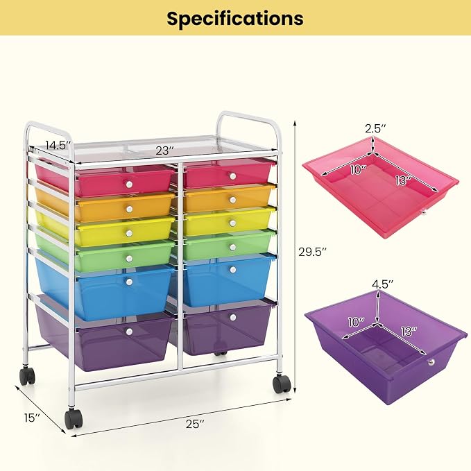 Giantex 12 Drawer Rolling Storage Cart Tools Scrapbook Paper Office School Organizer (Multicolor) - Image 3
