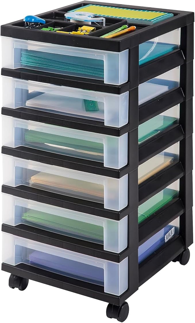IRIS USA 2 Pack 6-Drawer Plastic Storage Rolling Organizer Cart with Caster Wheels for Laundry Room, Bathroom, or Closet Dresser Storage, Black/Clear - Image 4