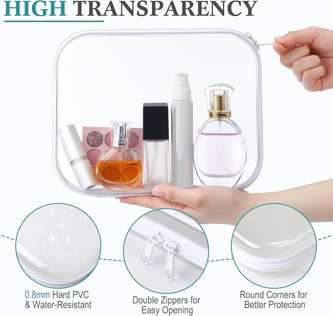 Sanwuta 6 Clear Hard Zipper Case,White,9.84 X 7.87 X 2 Inch | Pencil Case Pouches ,Makeup Bag,Plastic Toiletry Diaper Bag ,Travel Toy Storage,Waterproof Organizer Bins - Image 3