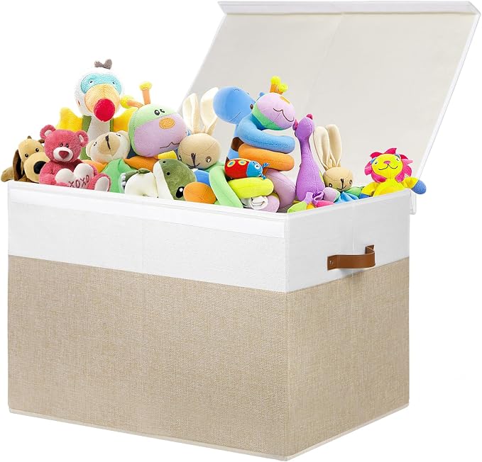 Large Toy Storage Box with Lid, Toy Chest Bin Boxes Basket with Dividers | Sturdy Toy Organizer Bin for Kids, Boys, Girls, Nursery, Living Room, Bedroom, Playroom 26"x17" x17"(Beige and White) by Gowee