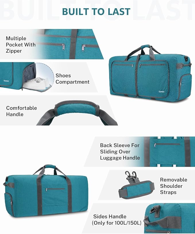 Gonex 150L Foldable Travel Duffle Bag with Shoe Compartment, Lightweight | 210D Nylon, Water-Repellent, Folds Compact, Multiple Pockets, Luggage Sleeve,Family Travel & Camping, Teal - Image 5