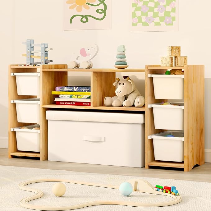 MallBest Montessori Shelf for Kids - 100% Solid Pine Wood with 6 Removable Plastic Bins, Toy Storage Organizer Cabinet for Playroom, Bedroom & Nursery (Natural) by MallBest