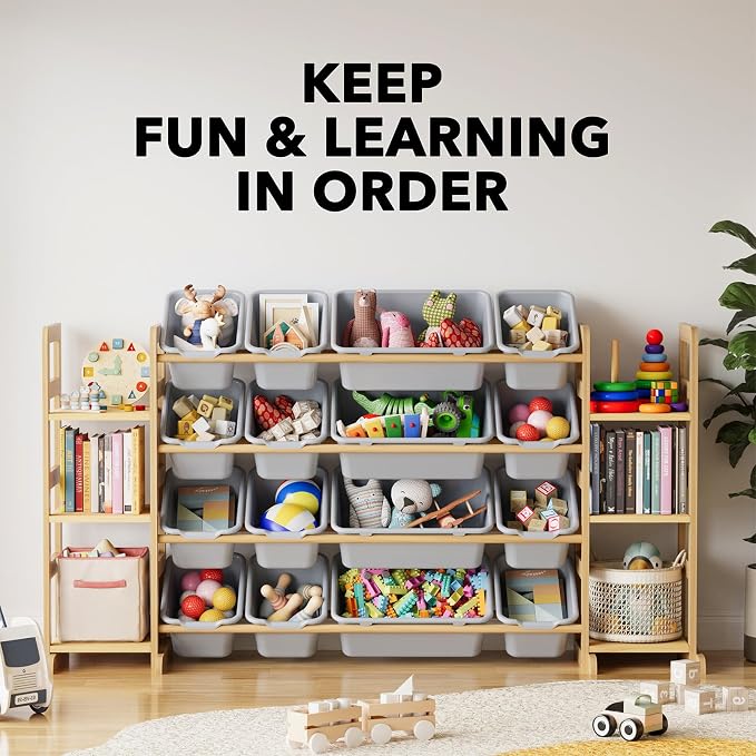 SpaceAid Toy Storage Organizer with 6 Shelves and 16 Bins, Toy Organizers Storage Bookshelf, Kids Bin Shelf Toys Box Bookcase for Bedroom Playroom Organization Room Decor, Neutral Gray - Image 6