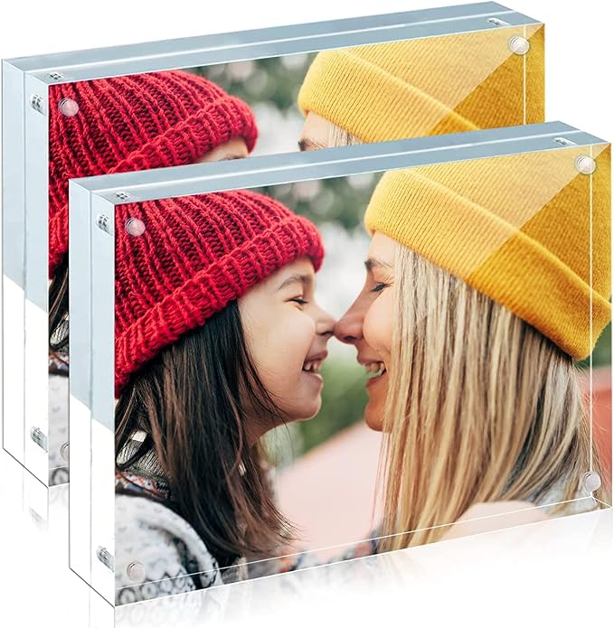 ILYXY 2 Pack Acrylic Frame 6x8, 20% Thicker, 24mm Thick Frameless Clear Picture Frame, Double Sided Magnetic Photo Frame, Free Standing Desktop Display Stand Acrylic Picture Frames by ILYXY