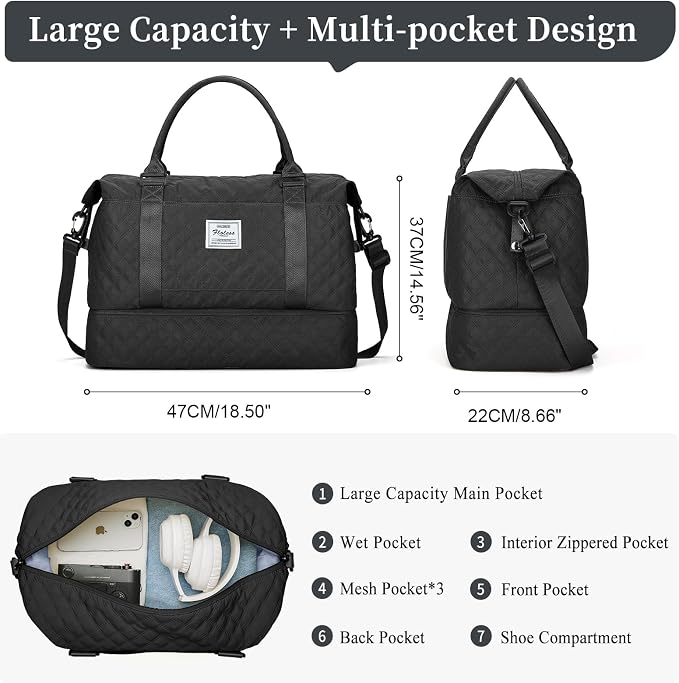 Weekender Bags for Women, Travel Duffel Bag with Shoes Compartment | Overnight Bag with Toiletry Bag, Carry on Personal Item Bag for Travel Business Trips Sport Hospital,Grid Travel Bag Set - Image 3
