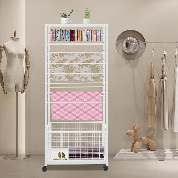 Ribbon Holder Organizer Rack,Double-Sided 16-TierRibbon Display Stand with Storage Basket and Wheels,Multifunctional Flower Wrapping Paper Storage Stand,for Flower Shops, Craft Rooms (White) - Image 2