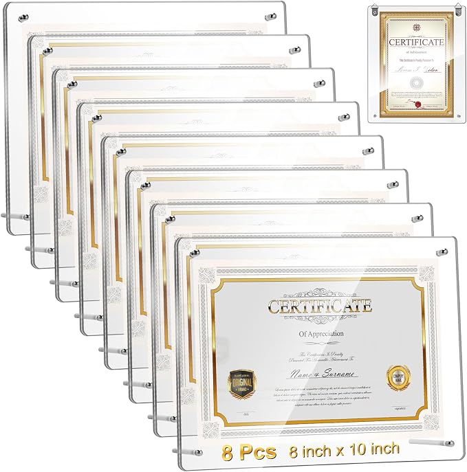 Thyle 8 Pcs Acrylic Photo Frame 8 x 10''Clear Floating Picture Frame Brackets Document Certificate A4 Poster Tabletop or Hanging Wall Mount Display for Christmas Mother (Silver) by Thyle