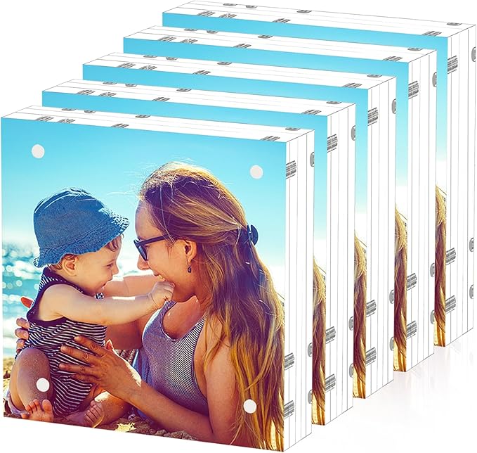 HELPLEX 5 Pack 8x8 Acrylic Picture Frames, 24mm Thicker Square Frameless Clear Frame Double Sided Magnetic Frame, Free Standing Desktop Display Stand Acrylic Frames by HELPLEX