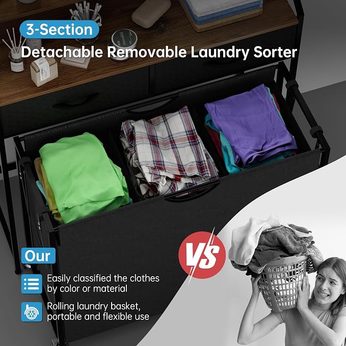 Laundry Sorter with 3 Section Pull Out Bags Rolling Laundry Basket Organizer with 2 Drawers Laundry Hamper with Shelves and Wheels for Laundry Room, Bathroom, Bedroom Organization(2 Tier) - Image 4