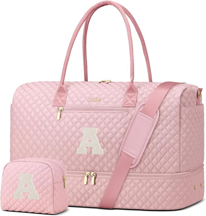 Letter Weekender Bags for Womens- Duffle Bag with Shoe Compartment Personalized Overnight Bag with Toiletry Bag Duffel Bags for Gym Hospital Bags Gift for Women Pink (Letter A) by FOCDOD