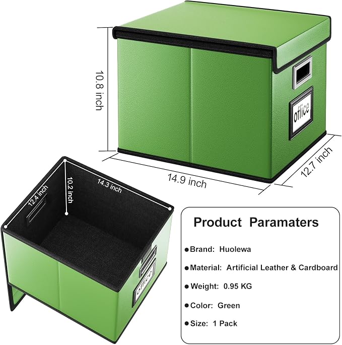 File Organizer Box with Lids, Collapsible File Folder Organizer | File Box with Plastic Slides for Document, Filing Bin for Letter Size Hanging File Folders (1 Pack, Green, Leather) - Image 6