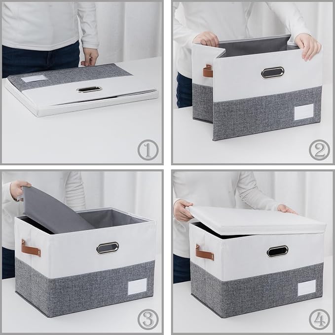 Foldable Storage Bins with Lids [3-Pack] Fabric Collapsible Storage Boxes Baskets Cubes Containers with Handles for Closet Living Room Bedroom (Grey & White 17.7x11.8x11.8'') - Image 6