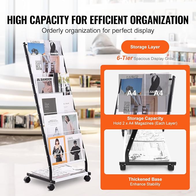 VEVOR Brochure Display Rack, 6-Tier Magazine Literature Display Stand, Floor Standing Magazine Rack Newspaper Catalog Holders, Movable with 4 Wheels (2 Lockable) for Shop Exhibitions Office, 6 Pockets - Image 3