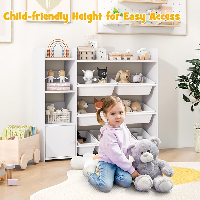 Costzon Kids Toy Storage Organizer, 4-Tier Bookshelf Storage Cabinet w/8 Removable Bins, Preschool Children's Montessori Bookshelf w/Large Cabinet for Playroom, Daycare, Kids Room, Classroom - Image 2