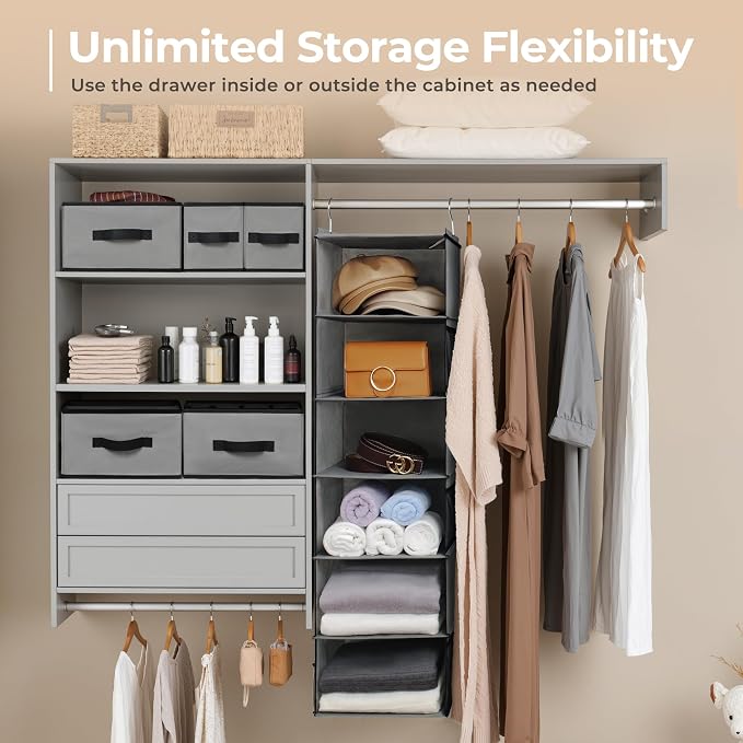 GRANNY SAYS Hanging Closet Organizer, 5 Drawers, 6 Shelves, 6 Pockets, Gray | Hanging Closet Organizer with 5 Different Drawer Designs, 6 Shelves & Reinforced Structure for Organized Small Spaces - Image 6