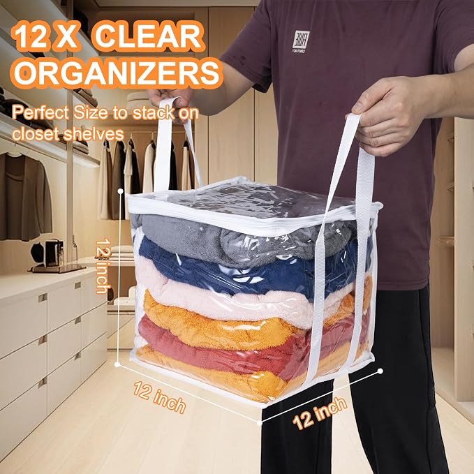 Wholelovein 6 PCS Clear Plastic Organizers 12''x12''x12'' Blanket Storage Bags with Zipper Storage Cube Tote with Reinforced Handles for Clothes Moving Supplies Linens Shoes Closet Toys Organizers - Image 2