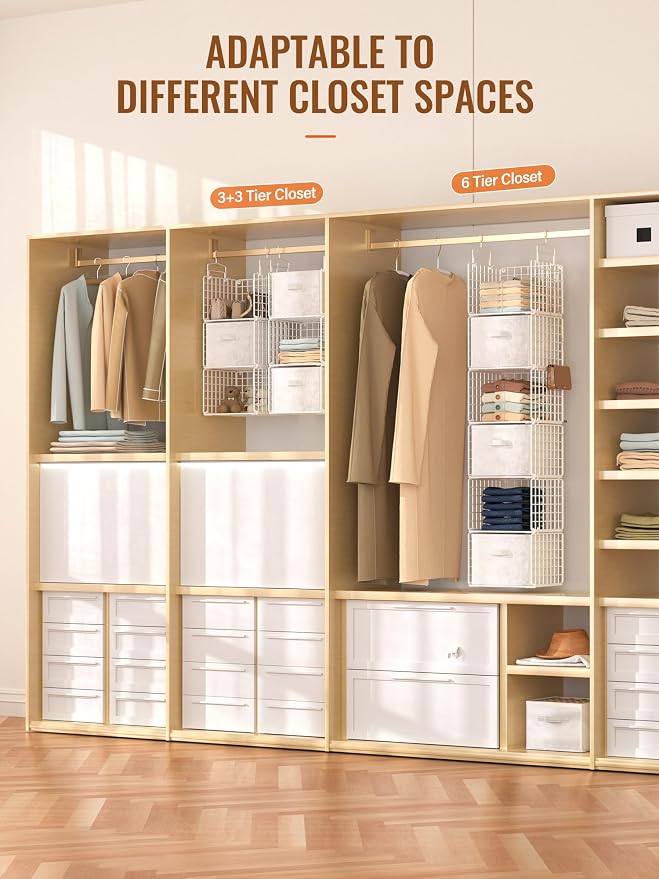 Closet Hanging Organizer with Drawers, 6 Tier Metal Closet Organizers and Storage with 4 Hanging Hooks 4 S-Hooks for Wardrobe Laundry Room, Wire Storage Shelf for Clothes Sweaters Pants (White) - Image 5