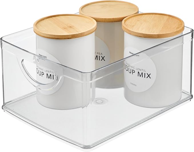iDesign Plastic Stackable Kitchen Cabinet Storage Bin, Clear | With Handles, Pantry Organizer by iDesign
