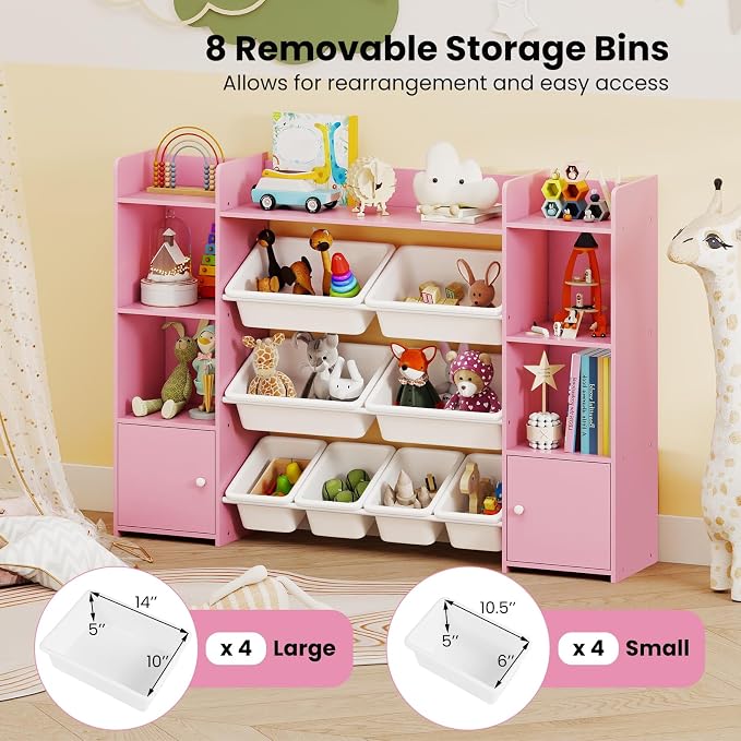 Costzon 56'' Kids Toy Storage Organizer with 8 Removable Bins, 4-Tier Toddler Bookshelf Cubbies, Preschool Children's Montessori Bookshelf w/6 Large Cabinet for Playroom, Daycare, Kids Room, Classroom - Image 4
