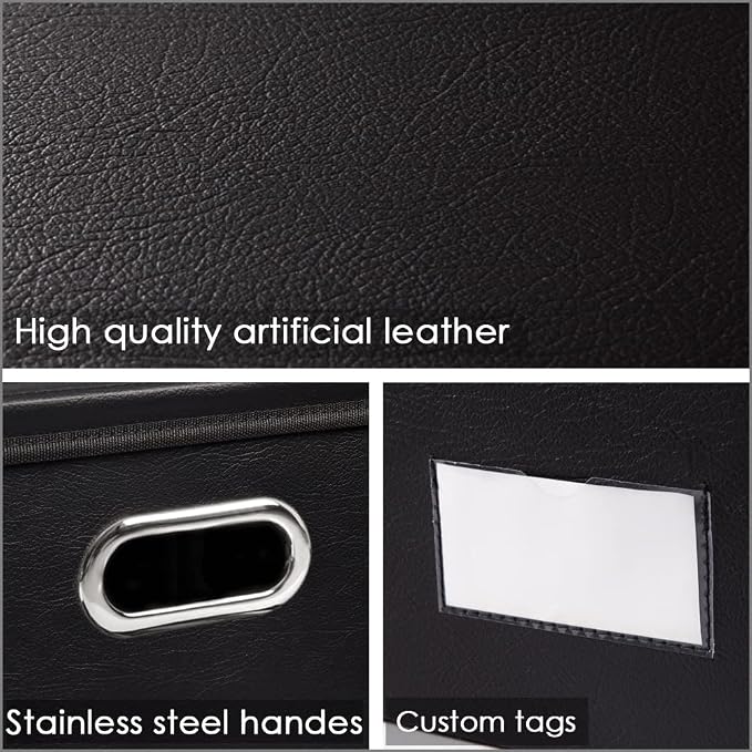 Collapsible Storage Box with Lid [3-Pack] Leather Fabric Foldable Storage Bin Organizer Container Basket Cube with Cover for Home Bedroom Closet Office Nursery Black(22.8X15.7X11.8) - Image 3