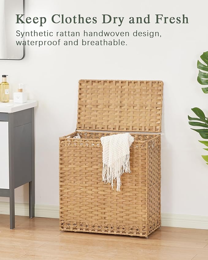 SETVSON Laundry Hamper with Lid Wicker Laundry Basket 112L, Natural | Large Family Clothes Sorter Trunk with Lid, 3 Compartment Washable Liners, 6 Mesh Bags, Collapsible Steel Frame - Image 2