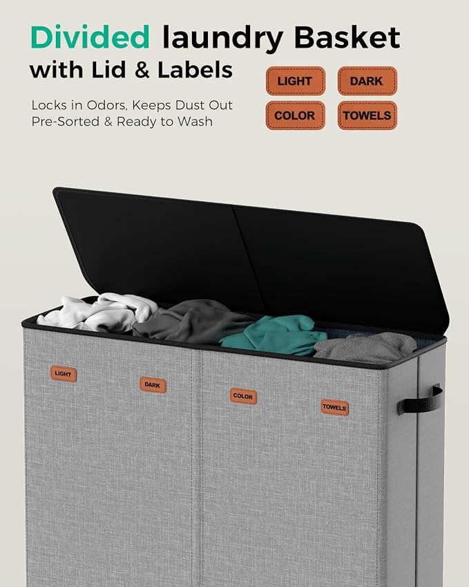 185L Laundry Hamper 4 Section with Lid & Removable Bags | Collapsible laundry basket organizer for laundry room, bedroom & dorm with 5 removable washing bags - Image 3