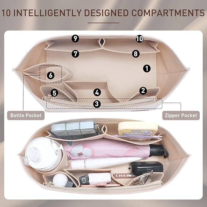 Purse Organizer Insert for Handbags & Base Shaper 2pc Set, Felt Neverfull GM Organizer Insert, Tote Bag Organizer with Zipper Pocket and Bottle Holder, Fit Neverfull GM and More, Beige-XL - Image 4