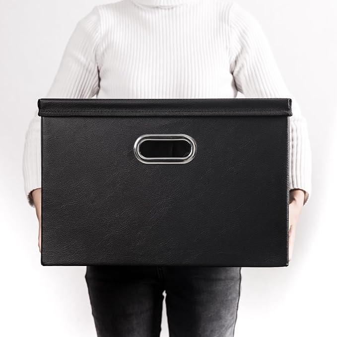 Large Stackable Storage Boxes with Lids [5-Pack] Leather Fabric Foldable Storage Bins Organizer Containers Baskets Cubes with Cover for Bedroom Closet Office Nursery Black(17.7x11.8x11.8) - Image 7