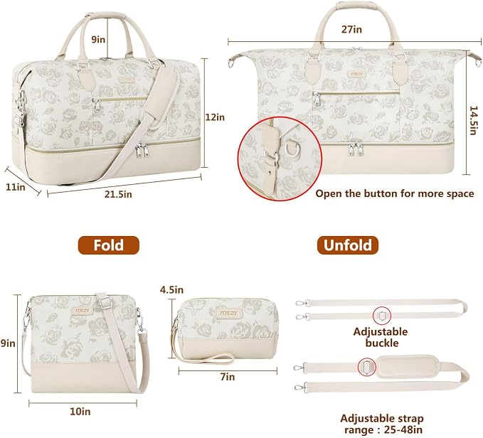 ITIEZY Weekender Bag for Women 21.5" Travel Duffel Large Carry On Bag 3PCS | Nylon Duffel Bag with Waterproof Shoe Compartment, Crossbody Bag and Toiletry Bag, Travel Weekend Hospital Overnight Gym Bag - Image 5