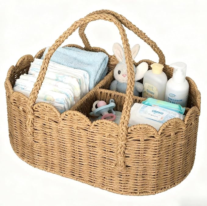 Sanwarm Diaper Caddy Organizer Rattan Divided Storage Basket Rattan | Portable Car Organizer for Diapers, Baby Shower Gifts, Newborn Essentials Must Haves by SanwarmHomeDecor